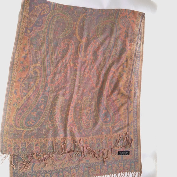 100% Pashmina Scarf Wrap Cream Pink Blue Green Paisley Lightweight Woven - Picture 2 of 5